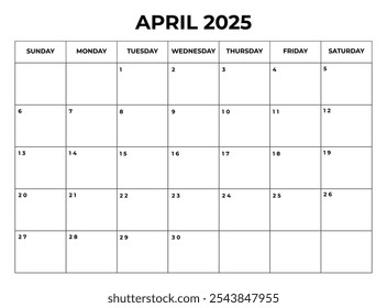 Abril 2025 Diseño de calendario mensual con aspecto limpio y la semana comienza desde el domingo