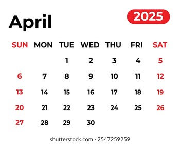 Abril 2025 Diseño de calendario mensual con aspecto limpio y la semana comienza desde el domingo