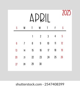 Abril 2025 Semana mensual de diseño del calendario comienza desde el domingo