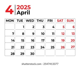 Abril 2025 Semana mensual de diseño del calendario comienza desde el domingo