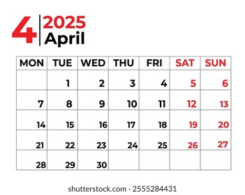 April 2025 Monthly Calendar design with clean look and week starts from sunday