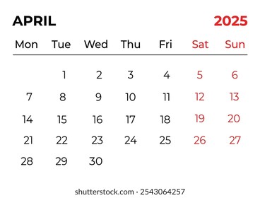 Abril 2025 Diseño mensual de calendario de oficina con aspecto limpio y la semana comienza desde el domingo