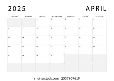 April 2025 monthly planner. Calendar template. Sunday start. Vector design