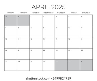 Calendario de oficina de abril de 2025, Plantilla de calendario en blanco, Planificador mensual de oficina en el hogar, Calendario de tamaño de carta