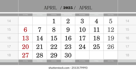 vierteljährlicher Kalenderblock April 2025. Wandkalender auf Englisch, Woche beginnt am Sonntag. Vektorgrafik.