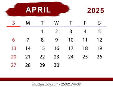 April 2025 simple month calendar. Sunday start. Vector design