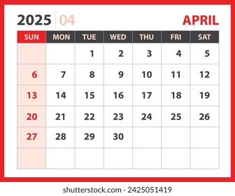 April 2025 template, Calendar 2025 design vector, planner layout, Week starts Sunday, Desk calendar 2025 template, Stationery. Wall calendar on red background, vector eps 10