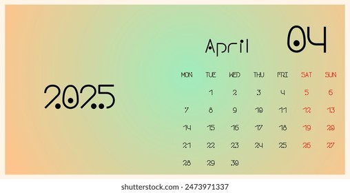 April 2025 template calendar. Trendy gradient background. The week begins on Monday. Ideal for planners, desk calendars, wall calendars, print media, advertisements, and office stationery