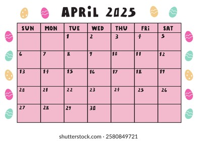 April 2025. Template calendar. Vector illustration on white background.