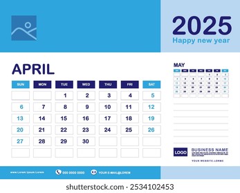 April 2025 year, Calendar planner 2025 and Set of 12 Months, week start on Sunday. Desk calendar 2025 design, simple, Wall calendar, Corporate design planner template vector, blue background
