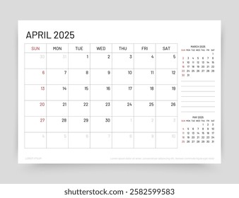 April 2025 year calendar. Planner calender layout. Desk monthly organizer. Week starts Sunday. Timetable template. Table schedule grid. Corporate diary. Vector simple illustration. Paper size A5