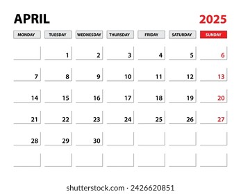 April 2025 year planner template, calendar 2025 template, monthly and yearly planners. organizer diary. week start monday, corporate planner template, Desk calendar 2025, Horizontal layout, vector