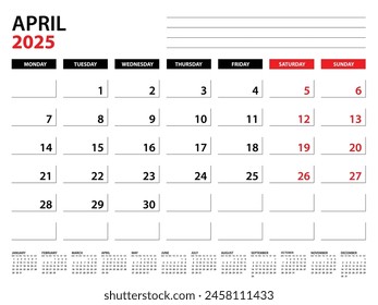 Abril 2025 Plantilla del planificador anual, calendario 2025 Plantilla, planificadores mensuales y anuales. agenda del organizador. inicio de la semana lunes, Plantilla del planificador corporativo, agenda del escritorio 2025, Ilustración vectorial