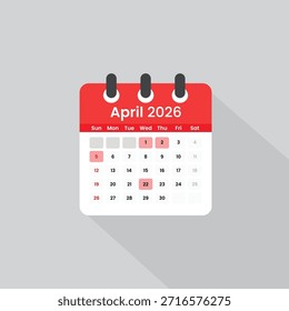 Vector Calendar Icon de abril de 2026. Diseño de planificador mensual mínimo: Ilustración vectorial mínima del ícono del calendario de abril de 2026 para la programación mensual y la planificación de la productividad.
