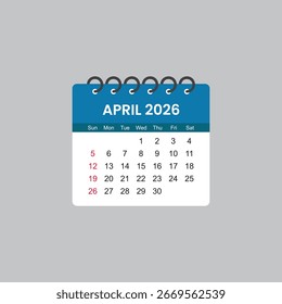 Abril 2026 Calendario Hoja plana estilo Vector ilustración de stock.