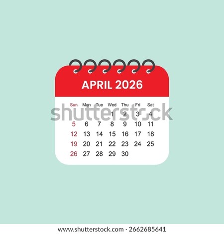 April 2026 Calendar Leaf. Calendar 2026 in flat style vector stock illustration.