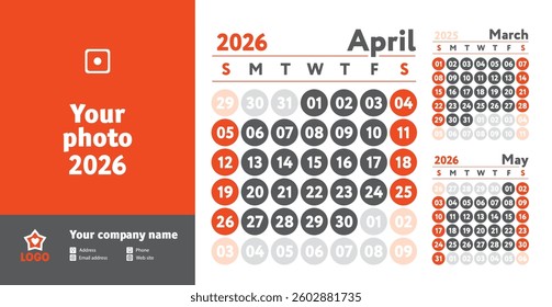 April 2026 calendar. New year wall planner design. English calender. Red color vector template. Week starts on Sunday. Business planning. 