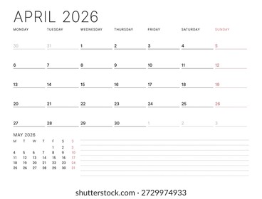 April 2026 calendar planner template. Week starts on Monday. Professional and minimalist design for scheduling and organization. Vector illustration for a printable business agenda layout