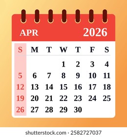 April 2026 Calendar and Productivity Map. Red apr 2026 Monthly Calendar and Planner, Strategic april 2026 Time Planner. Flat design. Vector illustration