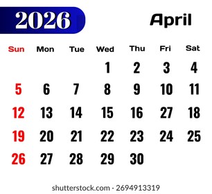 April 2026 calendar vector. Editable April 2026 calendar.