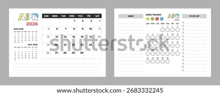 April 2026 calendar vector with planner, memo, to-do list, and mood tracker. Great for office and personal use.