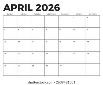 April 2026 Calendar. Week starts on Sunday. Blank Calendar Template. Fits Letter Size Page. Stationery Design.