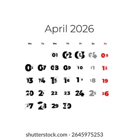 April 2026 calendar. The week starts on Monday, vector