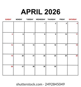 april 2026 with holydays or red dates. monthly calendar design with week starts on sunday. printable, simple, and clean vector design isolated on white background.