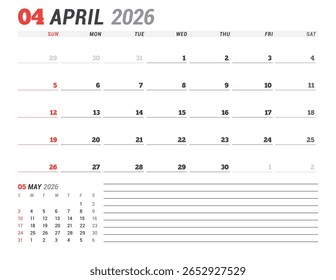 Abril 2026 Modelo de Calendário Mensal para Planejamento e Organização ajuda a estruturar agendas de semana de trabalho usando layout de grade minimalista. A semana começa no domingo. Excelente para a produtividade diária