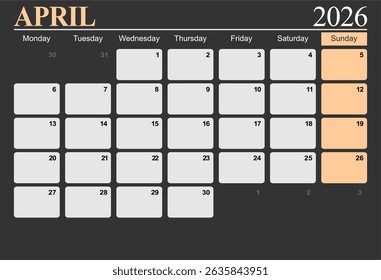 April 2026 monthly desk calendar for 2026 year, The week start on monday, EPS file vector.