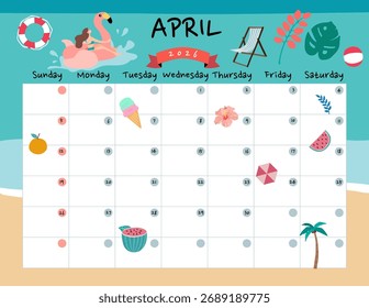 April 2026 table calendar week start on Sunday with holiday theme that use for horizontal digital and printable letter size
