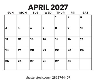 April 2027 Bold Type Calendar. Big Letters and Numbers. Blank Calendar Template. Fits Letter Size Page. Week starts on Sunday. Stationery Design.