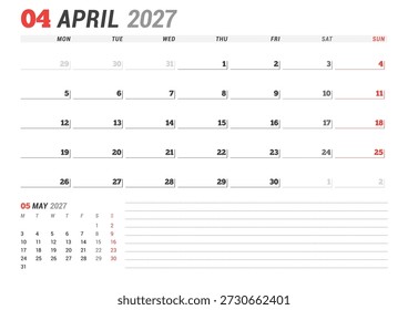April 2027 calendar planner template. Week starts on Monday. Professional and minimalist design for scheduling and organization. Vector illustration for a printable business agenda layout