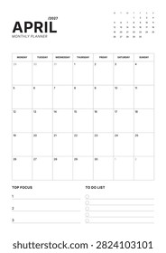 April 2027 Calendar Planner Vector Illustration Template With Monday Start Portrait Layout for 2027 featuring Monday week start, enhancing office scheduling, productivity and print publishing