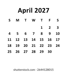 Abril de 2027. design de calendário mensal. semana começa no domingo. design de vetor imprimível, editável, simples e limpo isolado no fundo branco.