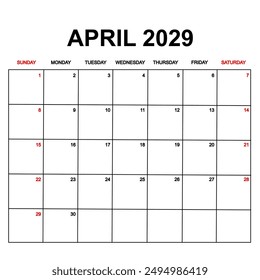 april 2029. Calendar with holydays or red dates. monthly calendar design with week starts on sunday. printable, simple, and clean vector design isolated on white background.