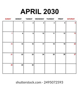 april 2030. Calendar with holydays or red dates. monthly calendar design with week starts on sunday. printable, simple, and clean vector design isolated on white background.