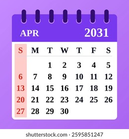 April 2031. Apr. shines with blossoms, Easter joy, and gentle rain. A time for new beginnings, inspiration, and warmer days ahead.