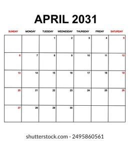 april 2031. Calendar with holydays or red dates. monthly calendar design with week starts on sunday. printable, simple, and clean vector design isolated on white background.