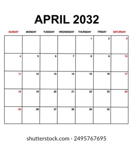 april 2032. Calendar with holydays or red dates. monthly calendar design with week starts on sunday. printable, simple, and clean vector design isolated on white background.