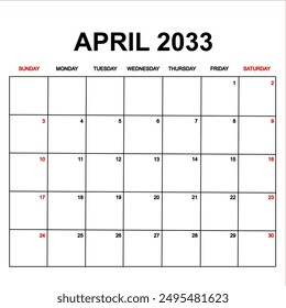 april 2033. Calendar with holydays or red dates. monthly calendar design with week starts on sunday. printable, simple, and clean vector design isolated on white background.