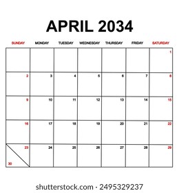 april 2034. Calendar with holydays or red dates. monthly calendar design with week starts on sunday. printable, simple, and clean vector design isolated on white background.