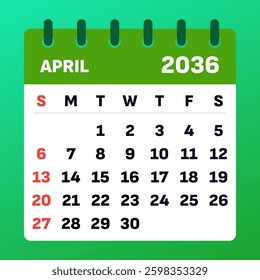 April 2036 Calendar Layout.Monthly planner background. April 2036 Vector Template. Flat design illustration