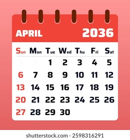 April 2036 Calendar Vector. April 2036 Monthly Layout. Flat calendar design. Vector illustration