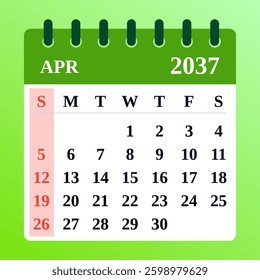 April 2037 Calendar Layout. Planner with colors. Simple and stylish April template. Vector illustration
