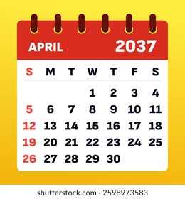 April 2037 Monthly Calendar. Fresh April planner. April 2037 Calendar Template. Flat vector design