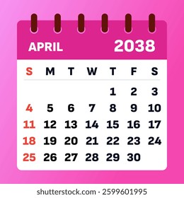 April 2038 Calendar Illustration. Monthly planner. Simple and clean design. Vector graphic