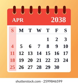 April 2038 Calendar Template. Planner for organizing events and schedules. Clean and minimal vector design