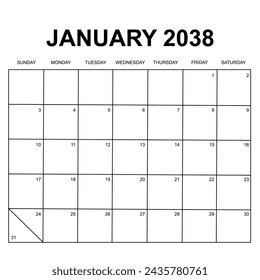 april 2038 calendar.
week starts on Sunday. printable, simple, and clean calendar design. vector design isolated on white background.