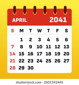 April 2041 Calendar Design. Vector illustration of a rainy April planner with a yellow background. April 2041 Monthly Planner. Modern flat design